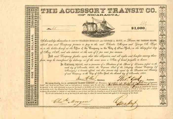 Accessory Transit Co. of Nicaragua - $1,000 Bond - Very Important